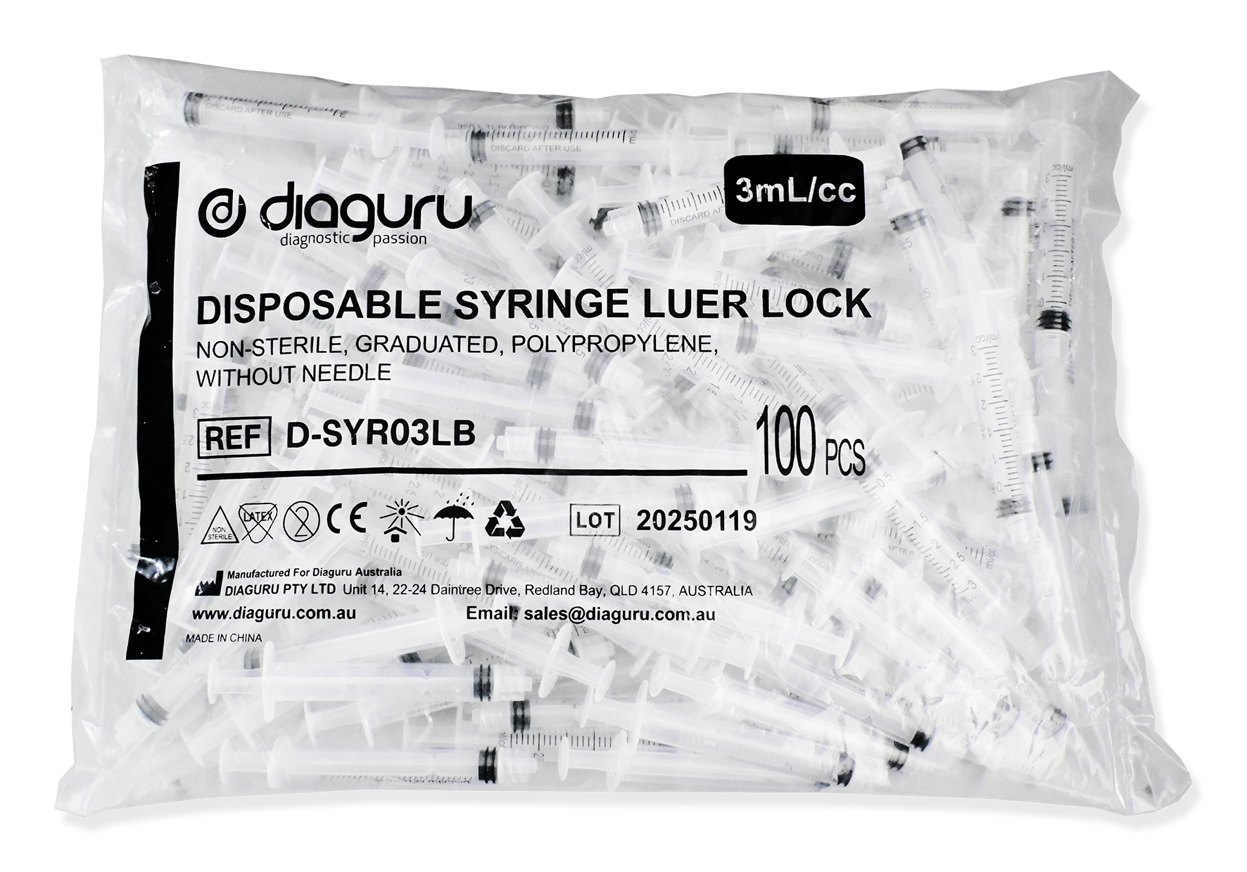 Disposable 3ml Syringe Luer Lock Non Sterile Bulk Pack 100's